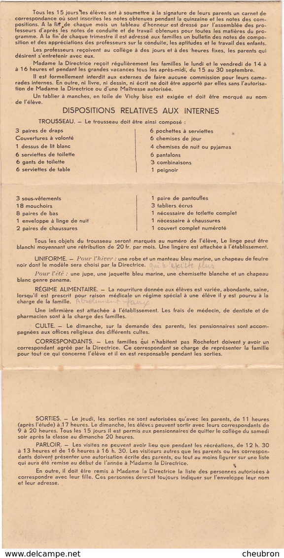 17. ROCHEFORT SUR MER. RARETÉ. COLLÈGE DE JEUNES FILLES..DÉPLIANT .7 PARTIES  VUES INTERIEUR - EXTERIEUR + ENSEIGNEMENT - Rochefort