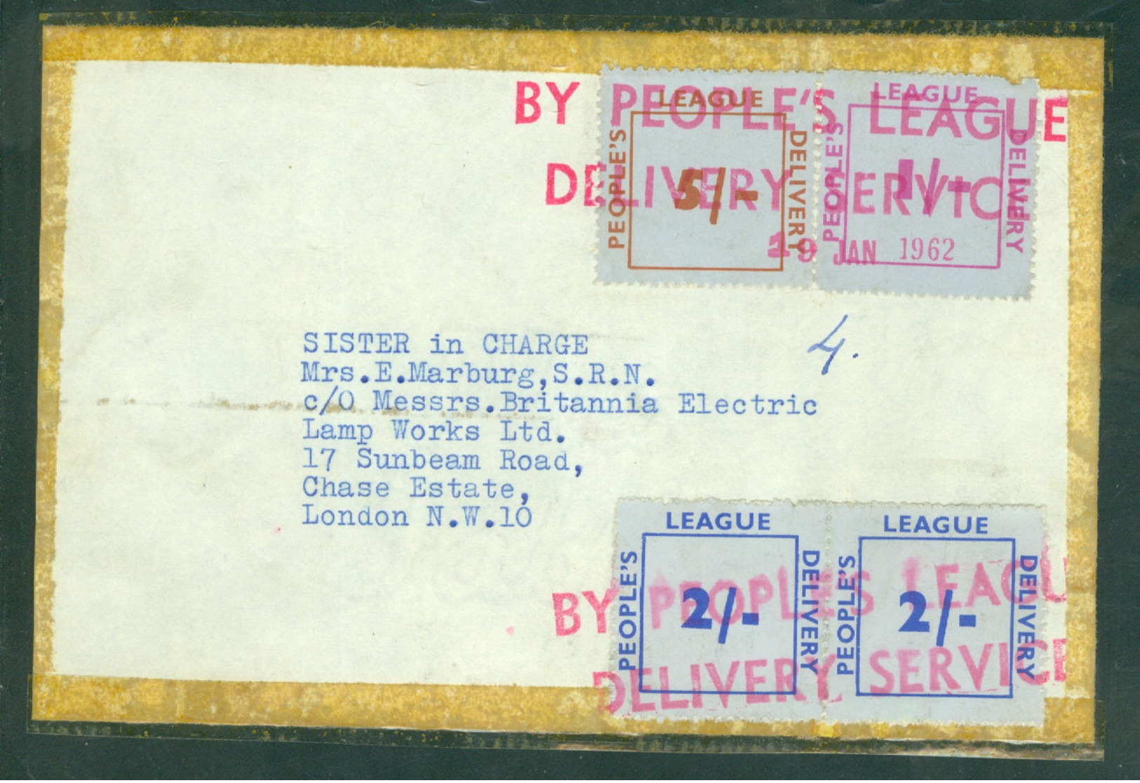 People's Delivery League To London, Front Only, CCL 19 Jan 1962 - Lokale Uitgaven