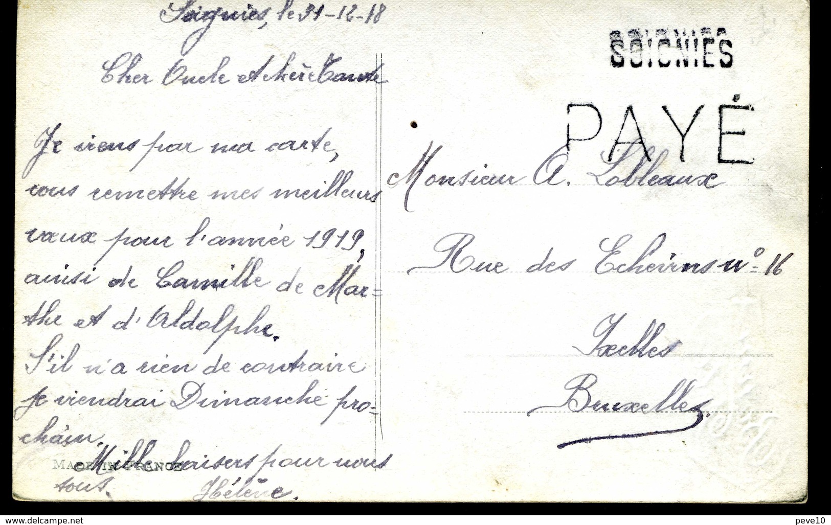 Belgique Carte Postale Sans Timbre Avec Griffe SOIGNIES Et PAYE - Autres & Non Classés