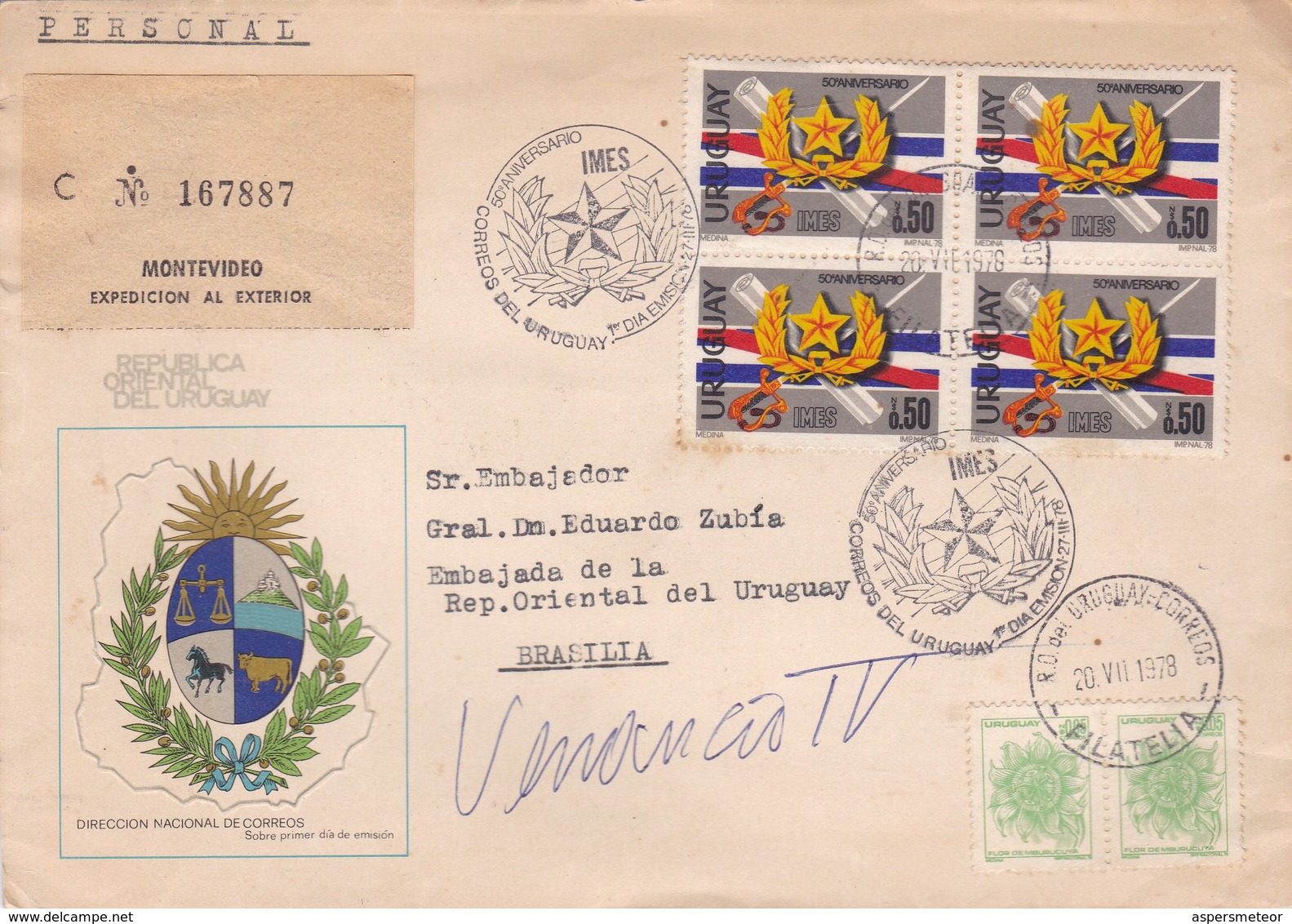 1978 URUGUAY FDC CIRCULEE TO BRASILIA. 50 ANIVERSARIO IMES- BLEUP - Uruguay