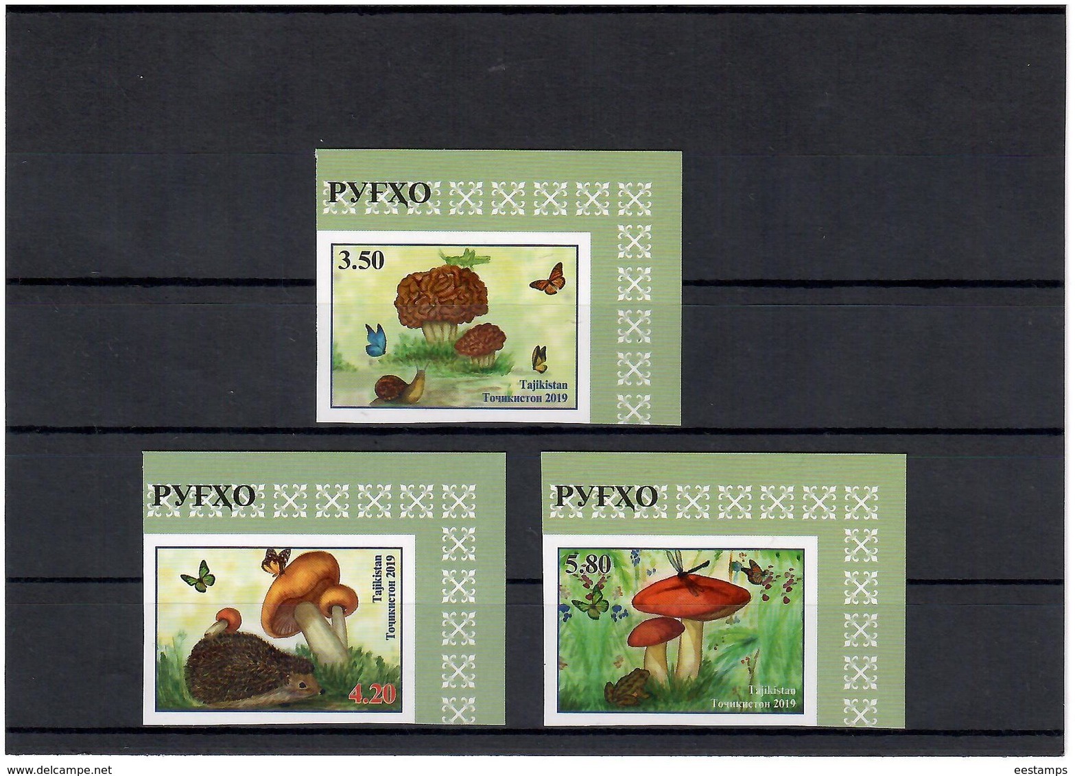 Tajikistan. 2019 Mushrooms(Butterflies,Hedgehog,Frog).Imperf 3 V:3.50,4.20,5.80 - Tajikistan