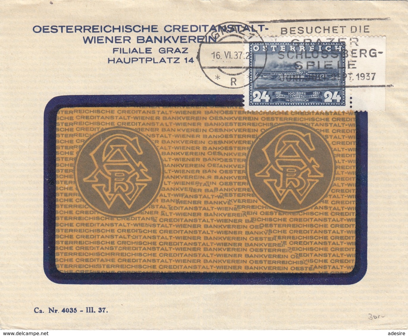ÖSTERREICH Bank Brief 1937 - 24 Gro Auf Brief Gel.v. Graz > ? - Briefe U. Dokumente