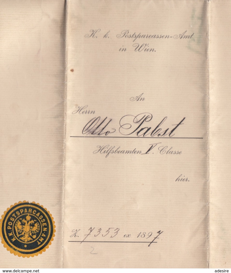 K.K. POSTSPARKASSENAMT WIEN - Handgeschriebenes Dokument Datiert 1897, Siegel D.PSK, A3 Foemat, Doppelseitig, Gefaltet - Historical Documents