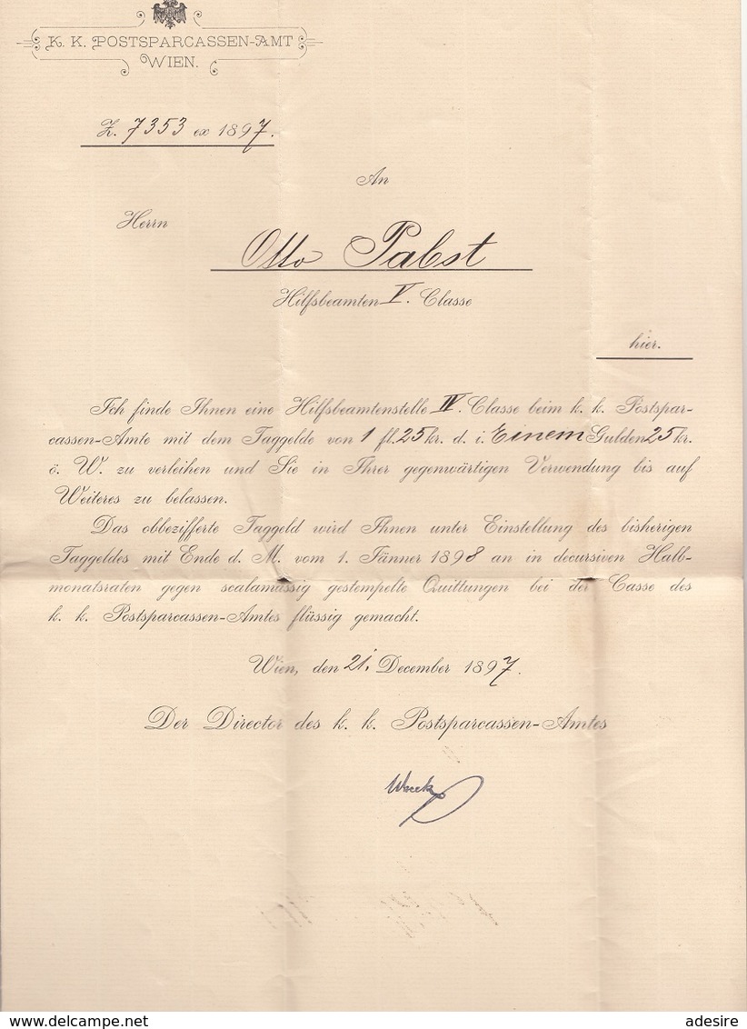 K.K. POSTSPARKASSENAMT WIEN - Handgeschriebenes Dokument Datiert 1897, Siegel D.PSK, A3 Foemat, Doppelseitig, Gefaltet - Historical Documents