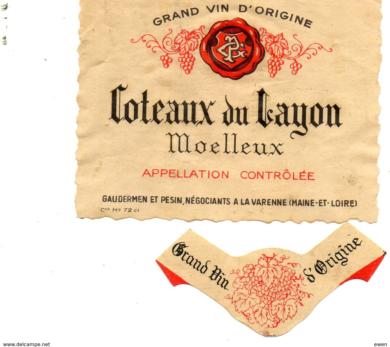 Ancienne étiquette Vin Coteaux Du Layon Années 50. Gaudermen à La Varenne (49) - Witte Wijn