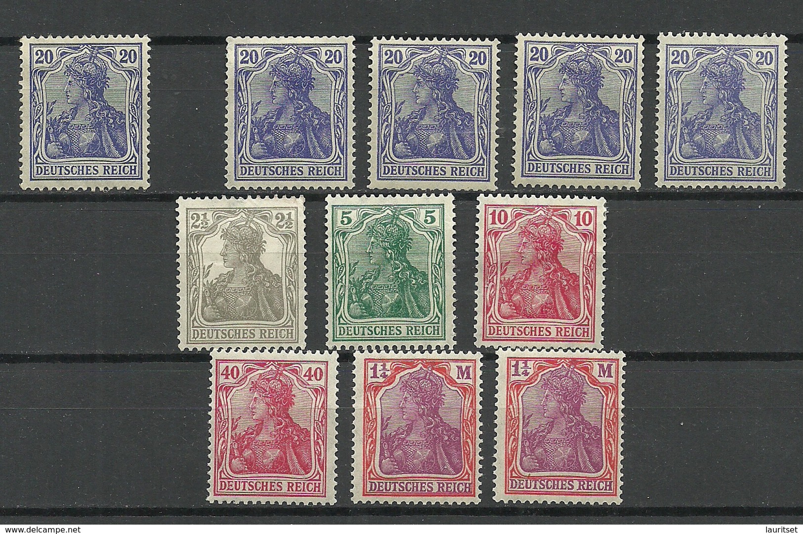 Deutsches Reich 1902/20 Germania, 11 Stamps, * (NB! 2 1/2 Mk Stamp Has A Thin/ Haftstelle) - Ungebraucht