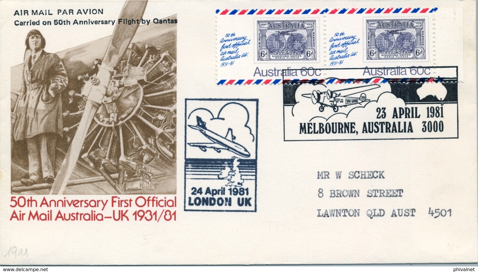 1981 , AUSTRALIA  , 50 ANIVERSARIO DEL PRIMER VUELO OFICIAL DEL CORREO AÉREO AUSTRALIANO - Cartas & Documentos