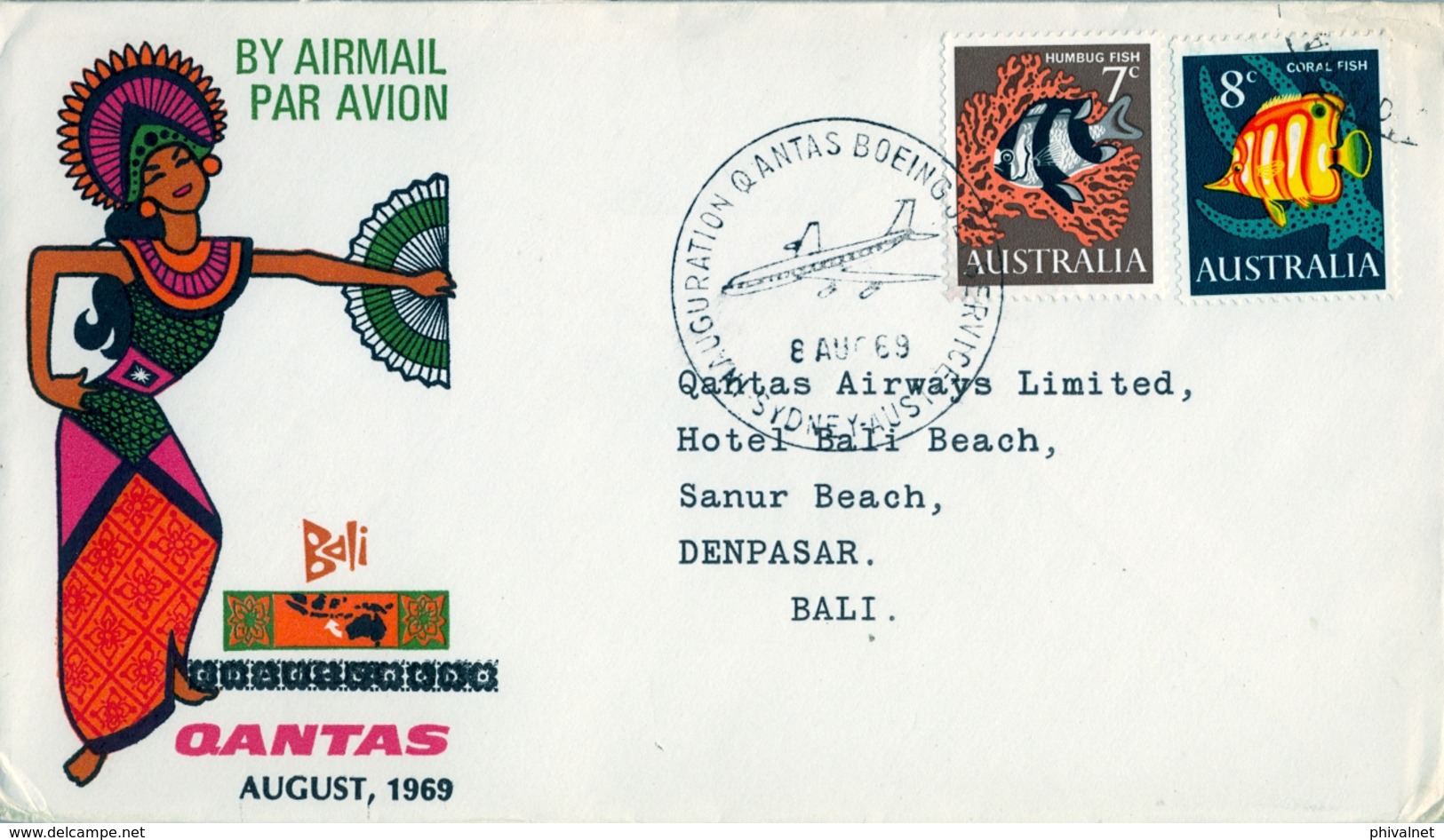 1969 , AUSTRALIA  ,  SYDNEY - DENPASAR ( BALI ) , LLEGADA AL DORSO , PRIMER VUELO QANTAS - Cartas & Documentos