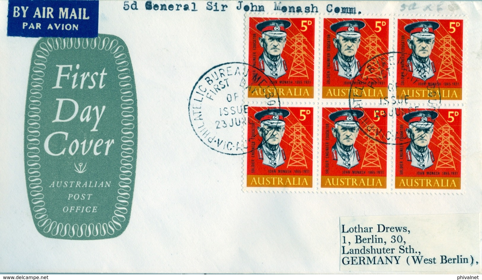 1965 , AUSTRALIA  ,  PRIMER DIA , CENTENARIO DEL GENERAL JOHN MONASH , YV. 313 , INGENIERIA , ELECTRICIDAD - Cartas & Documentos