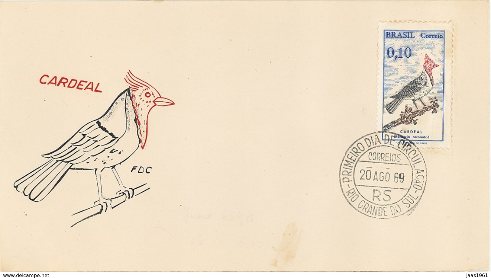 BRAZIL. FDC. RED BIRD CARDEAL. RIO GRANDE DO SUL. 1969 - FDC