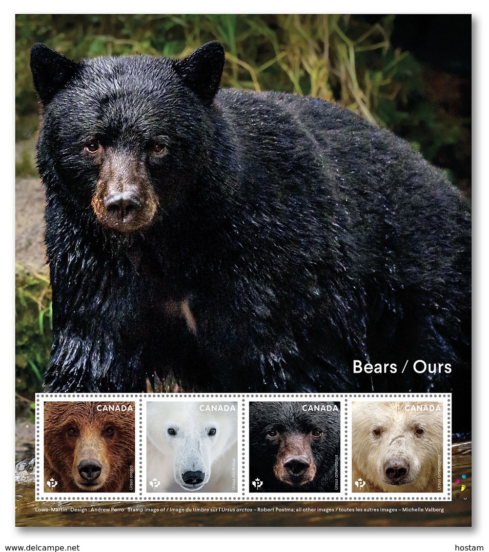 CANADA 2019,  BEARS:  POLAR, BROWN, BLACK & KERMODE SHETTLET OF 4 - Blocs-feuillets