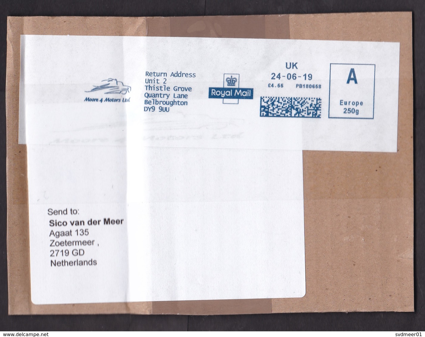 UK: Parcel Fragment (cut-out) To Netherlands, 2019, Meter Cancel, Moore 4 Motors Car Parts, Automobile (tape & Crease) - Lettres & Documents