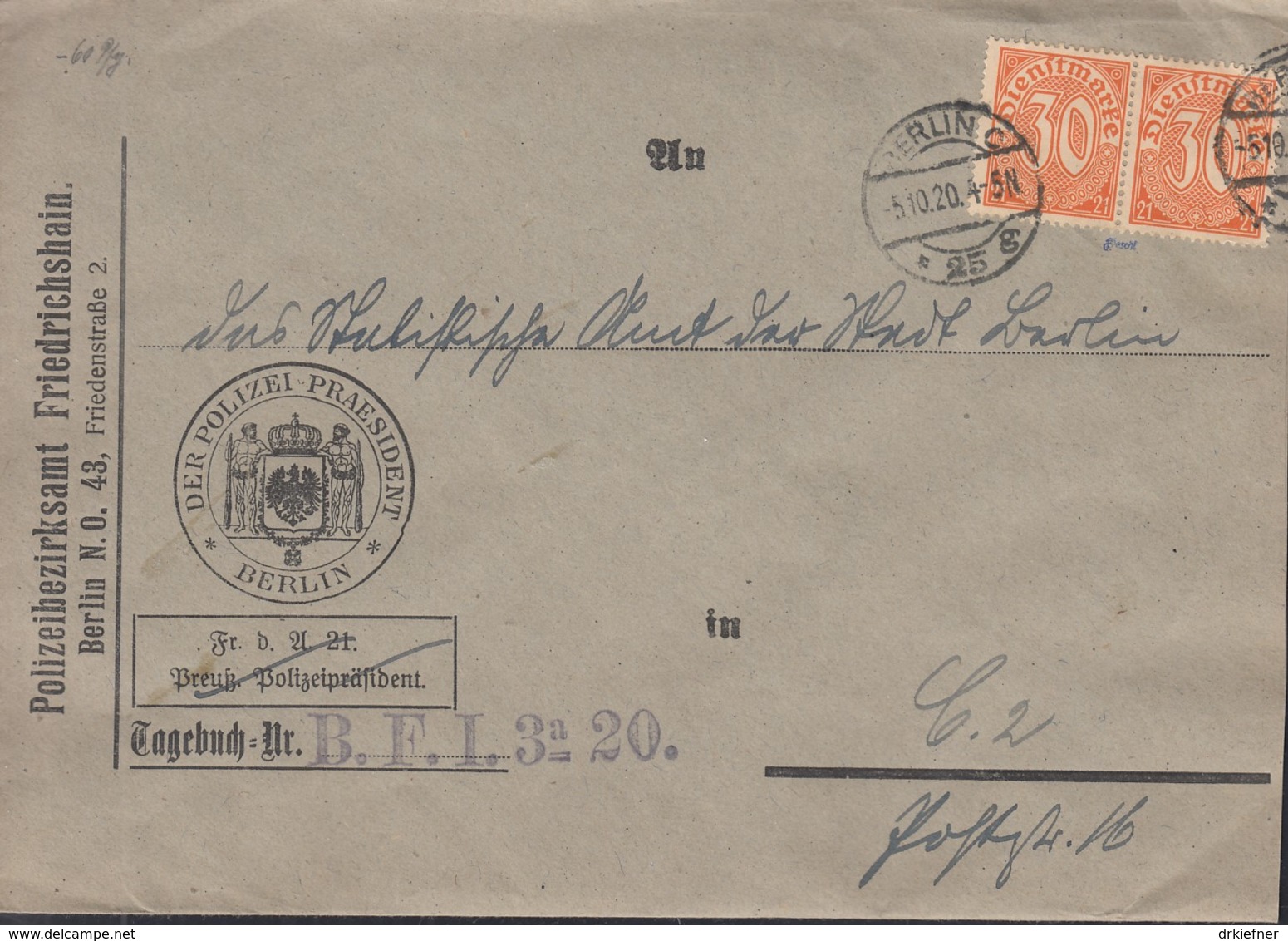 INFLA  DR Dienst 2x 20 MeF, Geprüft: Peschl, Auf Brief, Gestempelt: Berlin C25 5.10.1920 - Dienstmarken