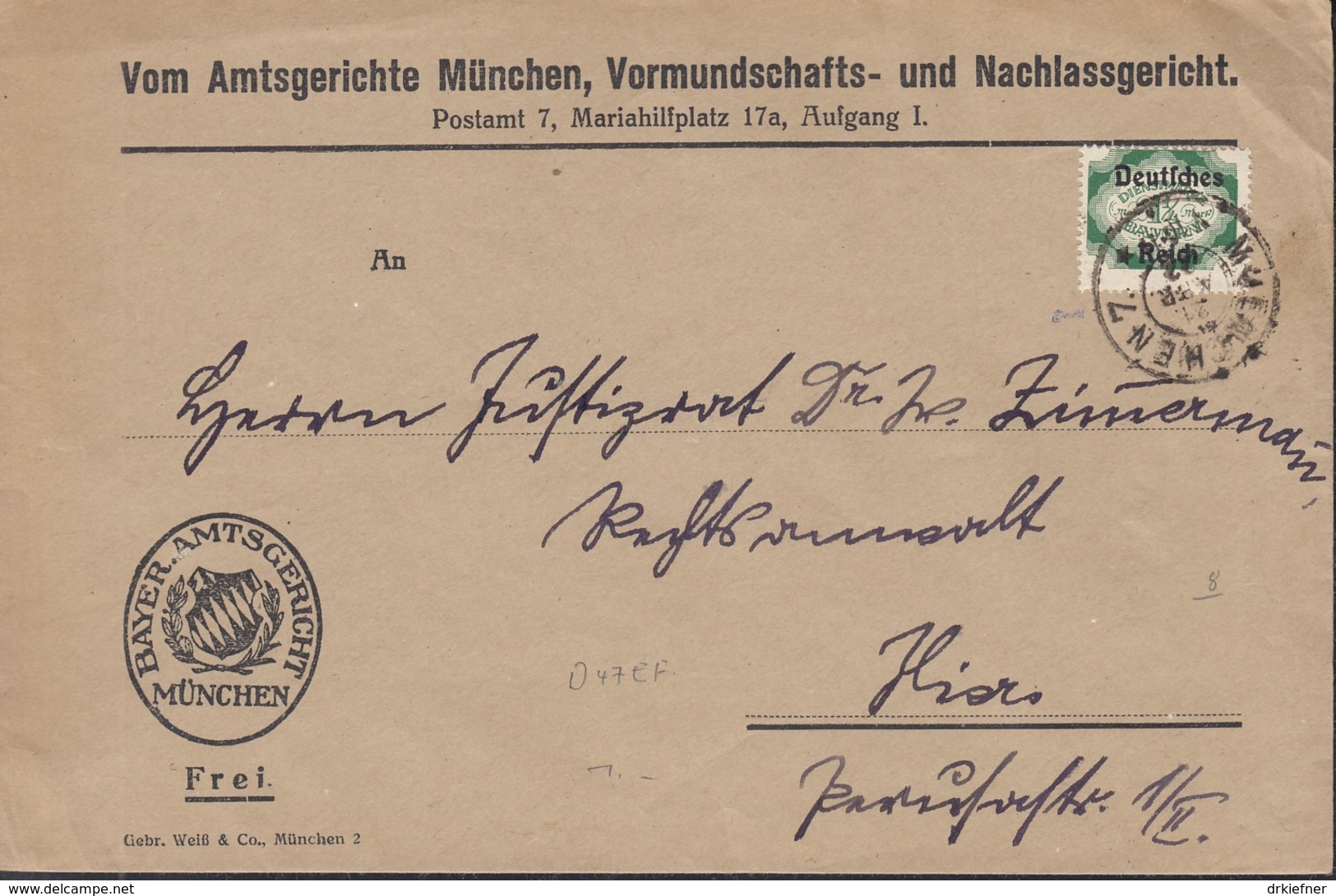 INFLA  DR Dienst 47 EF, Geprüft: Peschl, Auf Orts-Brief, Gestempelt: München 21.APR 1922 - Dienstmarken
