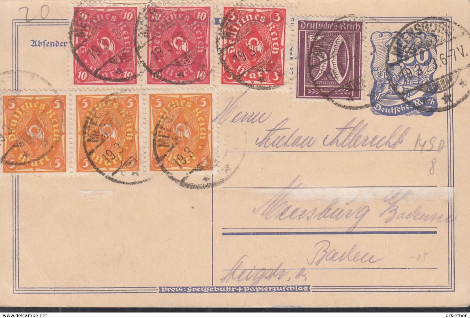 INFLA  DR P 149 A + ZFr. 183 B, 3x 205, 2x 206, 225, Postreiter, Gestempelt: Meersburg 19.3.1923 - Sonstige & Ohne Zuordnung