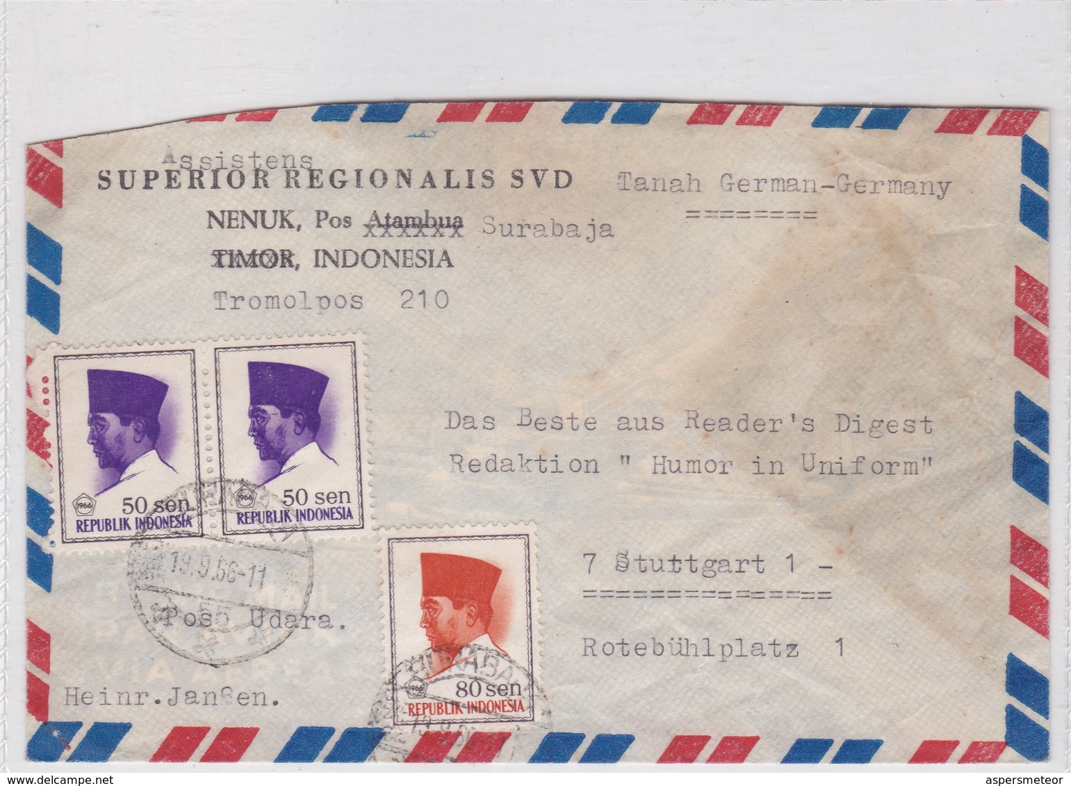 1956 INDONESIA AIRMAIL- SUPERIOR REGIONALIS SVD. CIRCULEE TO ROTEBUHLPLATZ. TIMBRE A PAIR- BLEUP - Indonésie