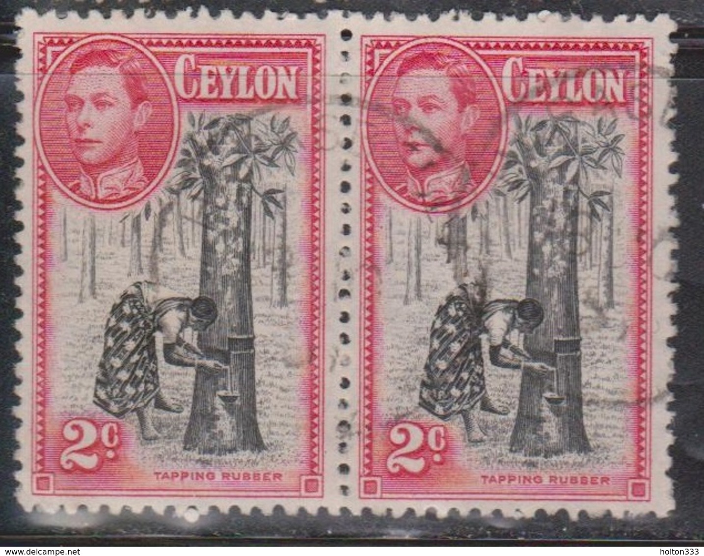 CEYLON Scott # 278c Used Pair Perf 12 X 12 - KGVI & Tapping Rubber - Ceylon (...-1947)