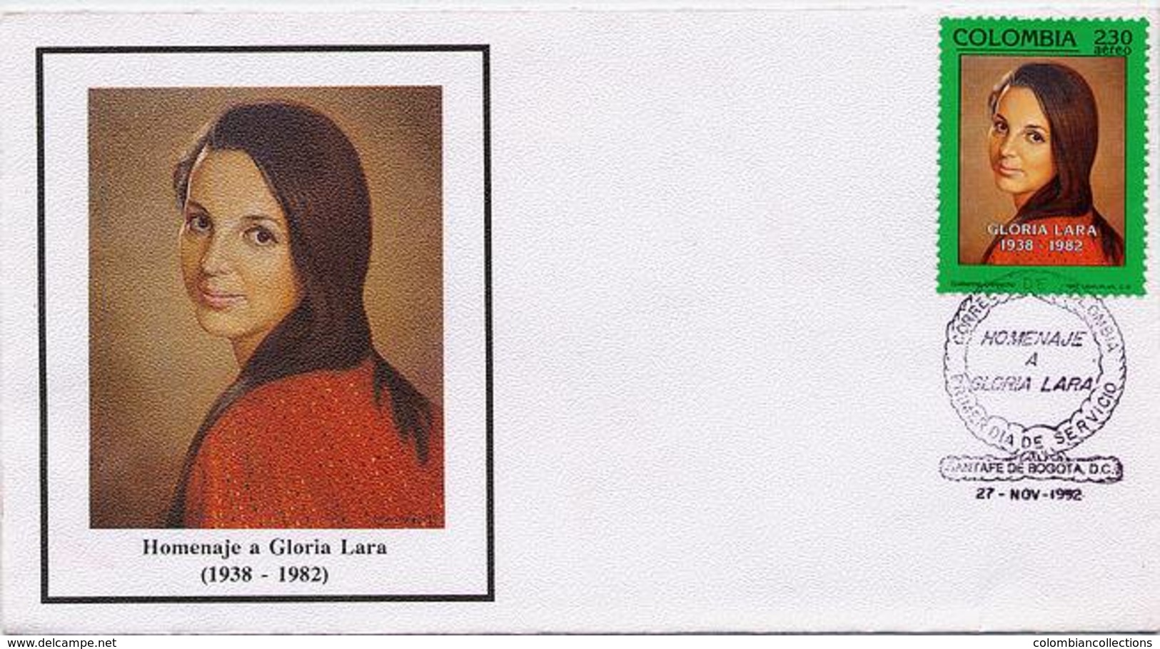 Lote 1872F, Colombia, 1992, SPD - FDC, Gloria Lara, Woman, Personage - Colombia