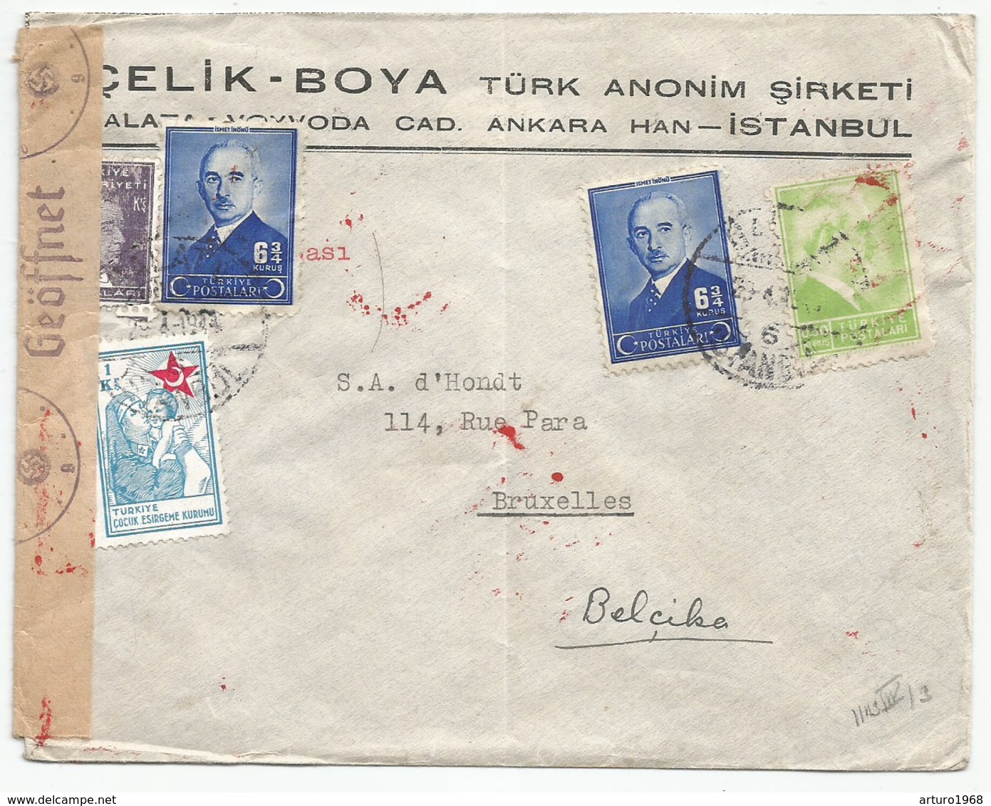 Turkey Turkiye Türkei Turquie Censored Cover 1944 To Belgium German Censor - Briefe U. Dokumente