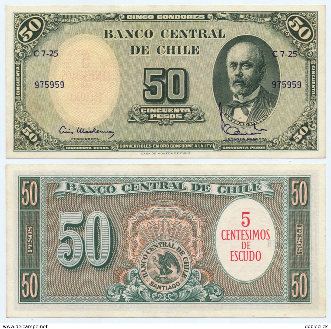 CHILE - 5 CENTESIMOS NOTE OVPT 50 PESOS ND (1960-61) P-126 - UNC - Chili