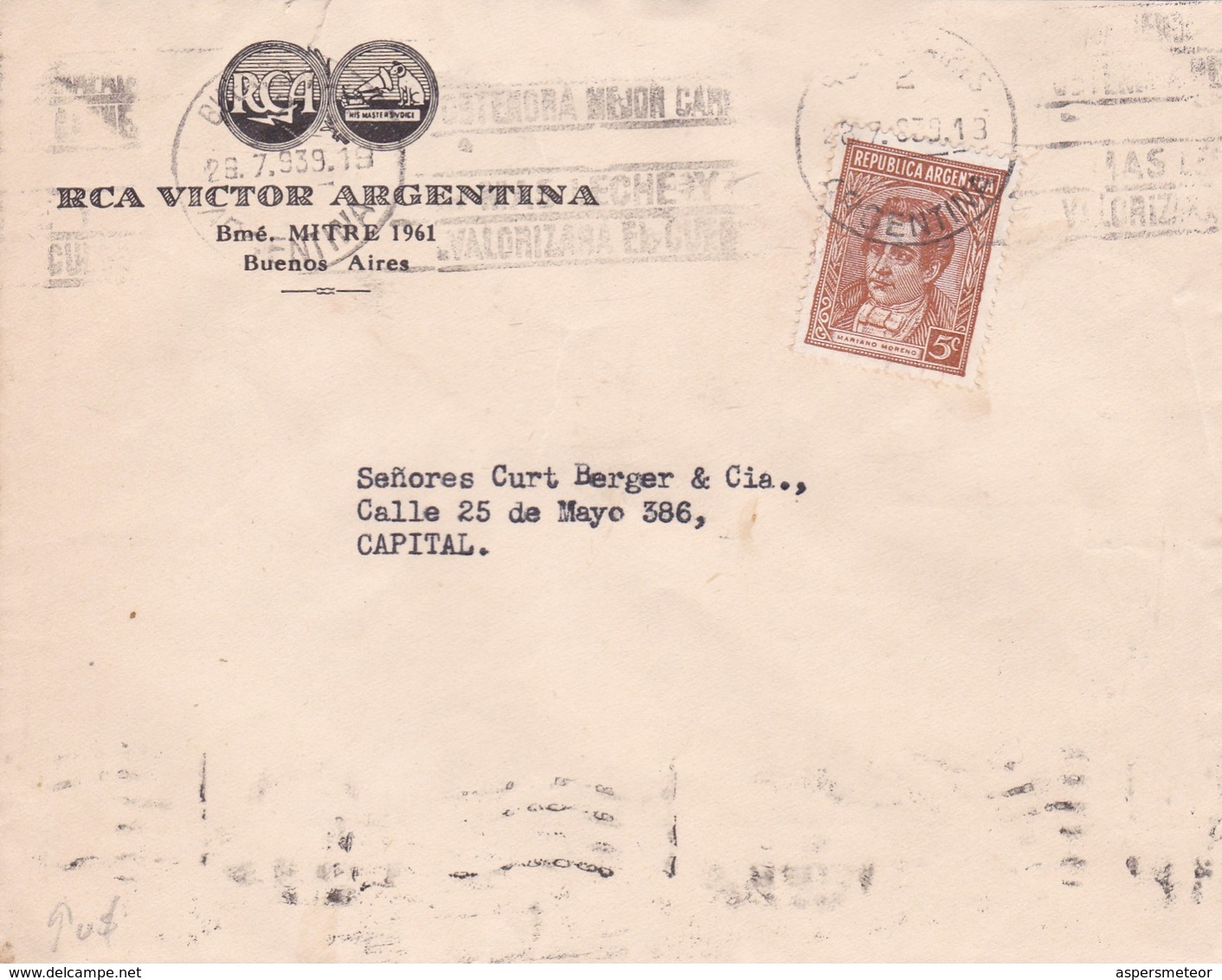 1939 ARGENTINE COMMERCIAL COVER-RCA VICTOR ARGENTINA. CIRCULEE, BANDELETA PARLANTE- BLEUP - Lettres & Documents