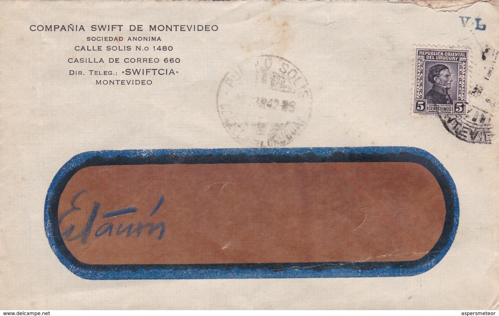 1942 URUGUAY COMMERCIAL COVER-COMPAÑIA SWIFT DE MONTEVIDEO- BLEUP - Uruguay