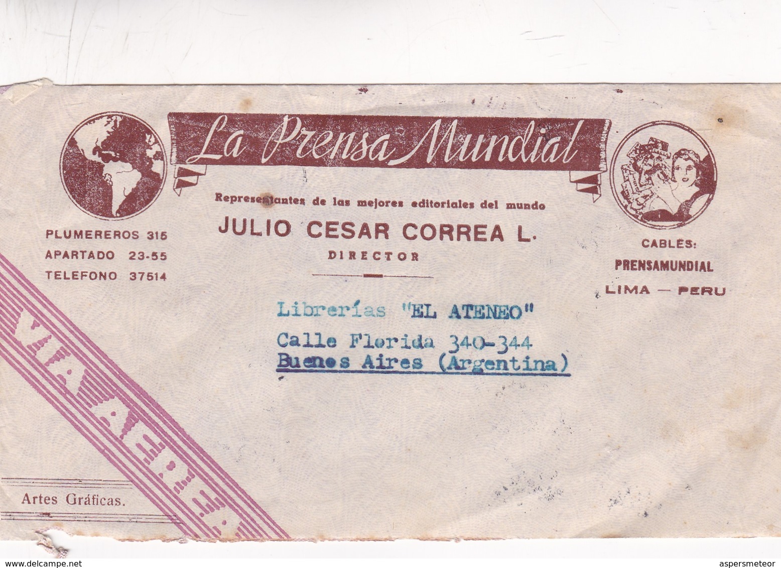 1942 PERU COMMERCIAL COVER- LA PRENSA MUNDIAL. CIRCULEE VIA AEREA TO ARGENTINE- BLEUP - Pérou