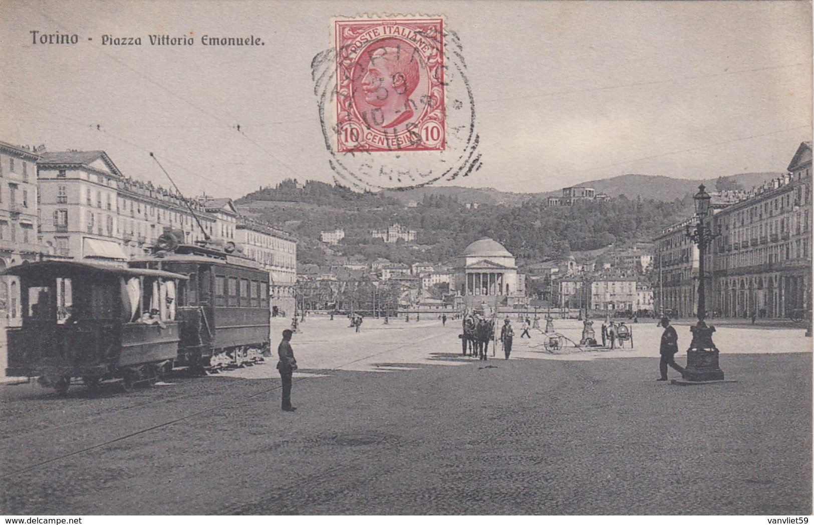 TORINO-PIAZZA VITT. EMANUELE -TRAM IN PRIMO PIANO-CARTOLINA  VIAGGIATA IL 30-10-1908 - Piazze