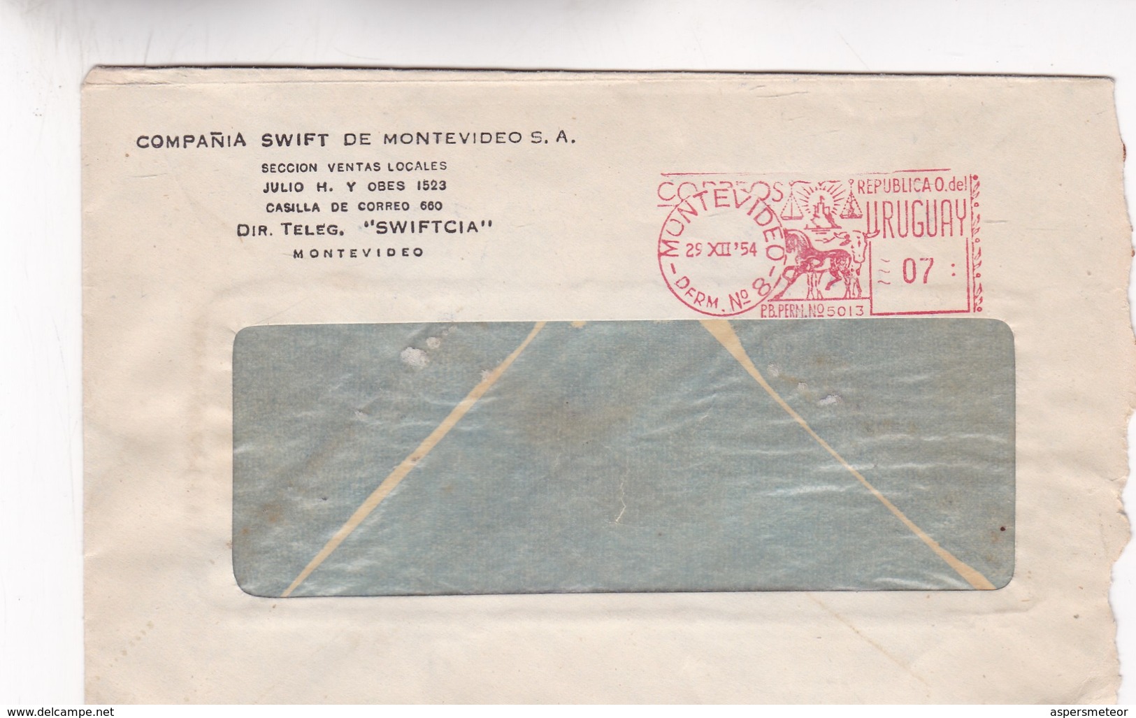 1954 URUGUAY COMMERCIAL COVER-COMPAÑIA SWIFT DE MONTEVIDEO. CIRCULEE, FRANKING MACHINE- BLEUP - Uruguay