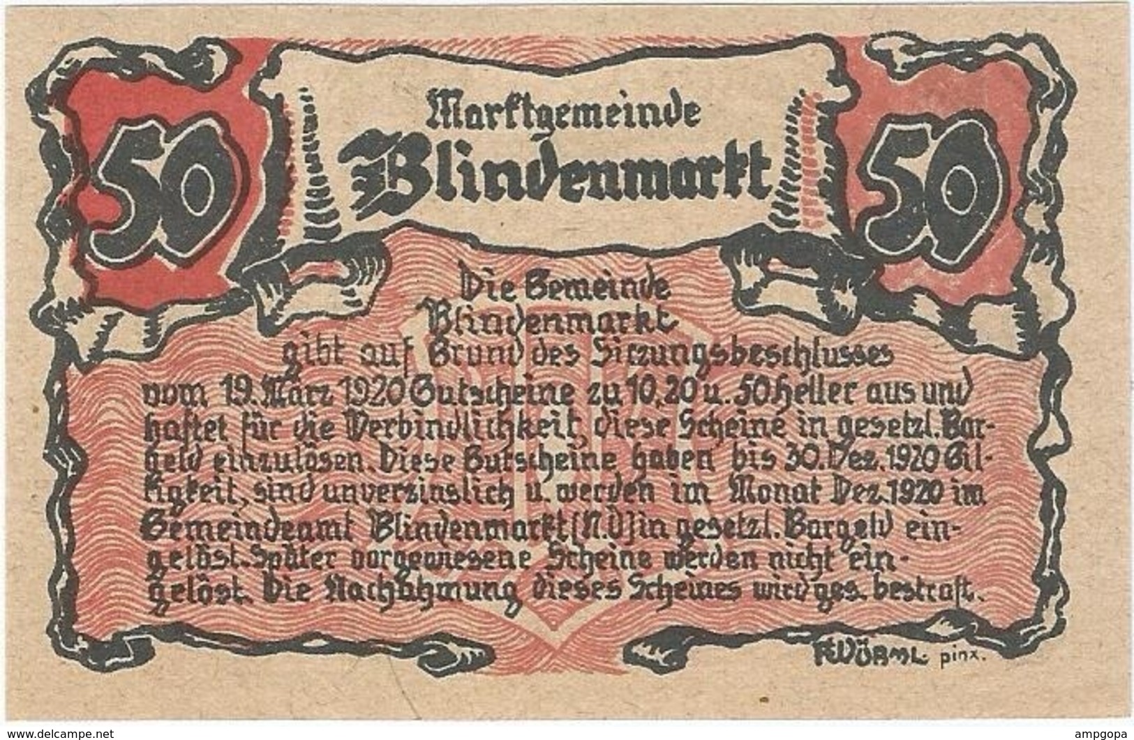 Austria (NOTGELD) 50 Heller 19-3-1920 Blindenmarkt KON 93 II.a.3 UNC Ref 3541-1 - Austria