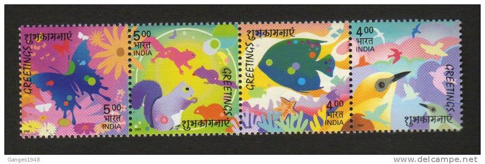 INDIA 2003 -   18oo  GREETINGS  FISH SQUIRREL BUTTERFLY 4v S/t  # 20649 Sd Inde  Indien - Unused Stamps