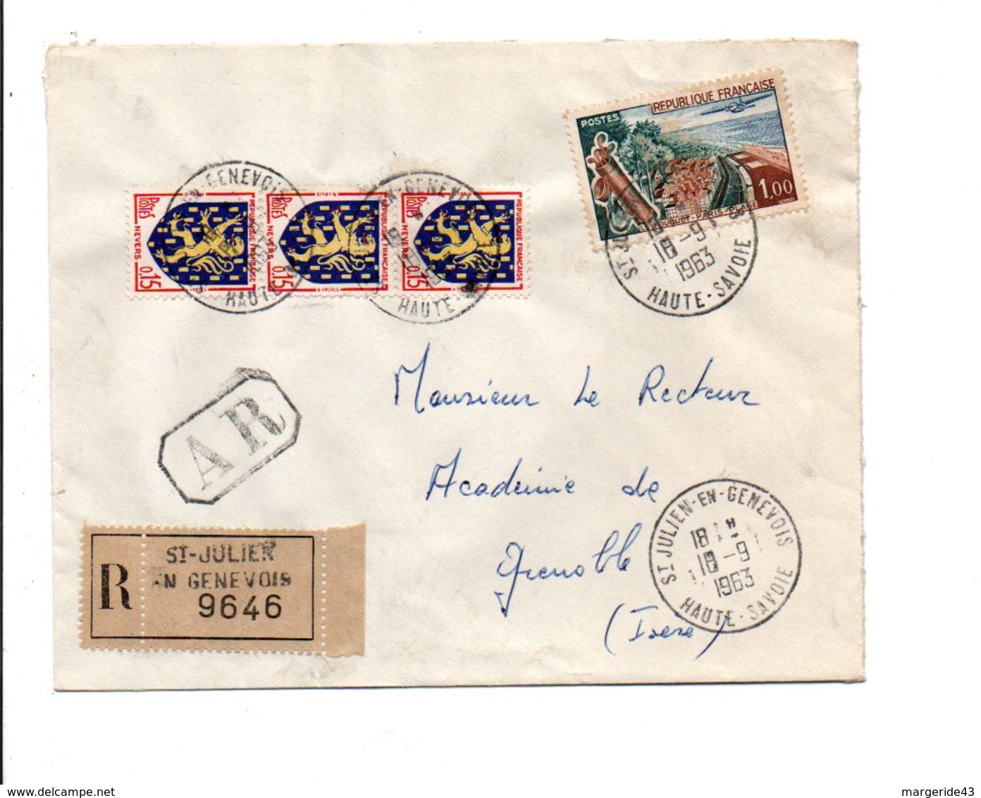 AFFRANCHISSEMENT COMPOSE SUR LETTRE RECOMMANDEE AR DE SAINT JULIEN EN GENEVOIS HAUTE SAVOIE 1963 - 1961-....