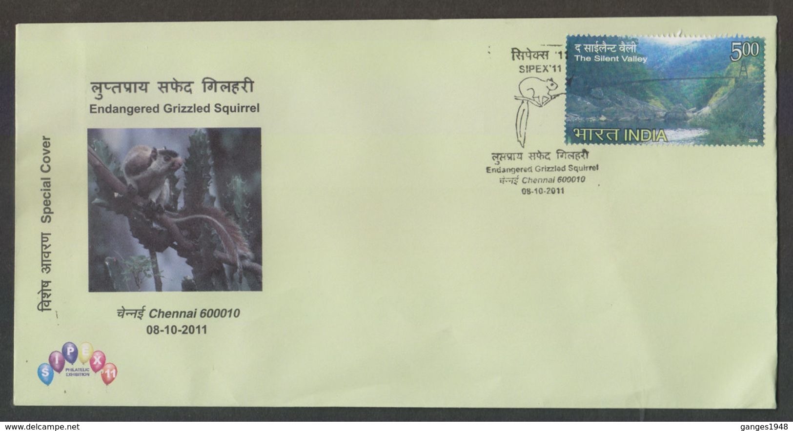 India 2011 ENDANGERED GRIZZLED  SQUIRREL CACHET & COver # 29987 Inde Indien - Covers & Documents