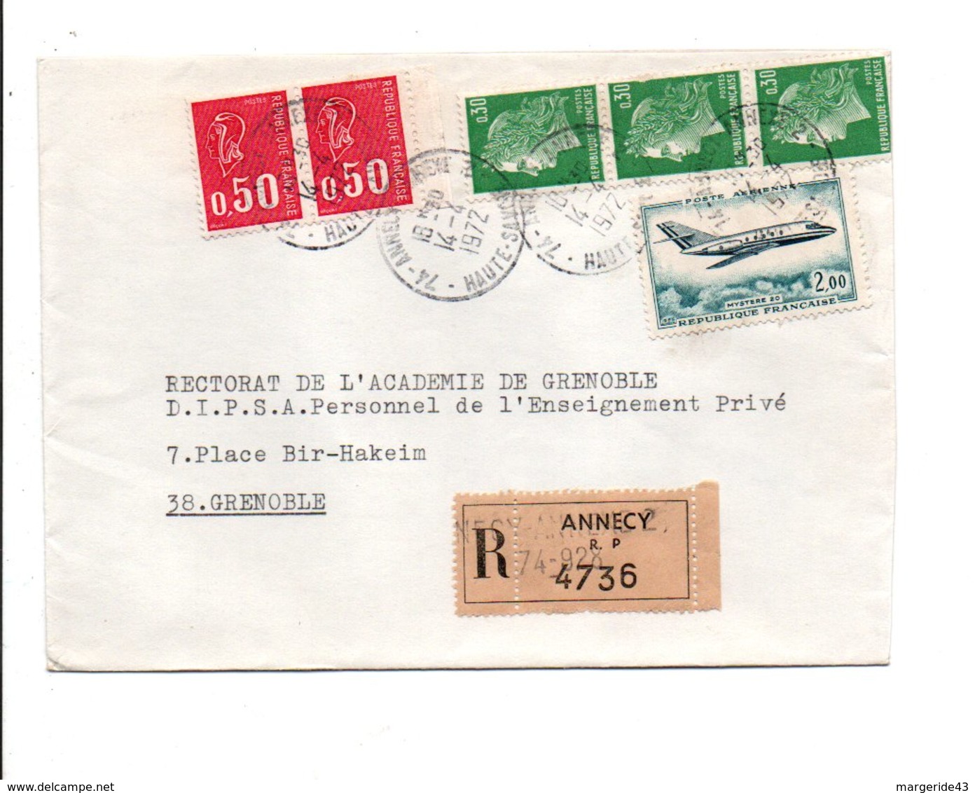 AFFRANCHISSEMENT COMPOSE SUR LETTRE RECOMMANDEE DE ANNECY 1972 - 1961-....