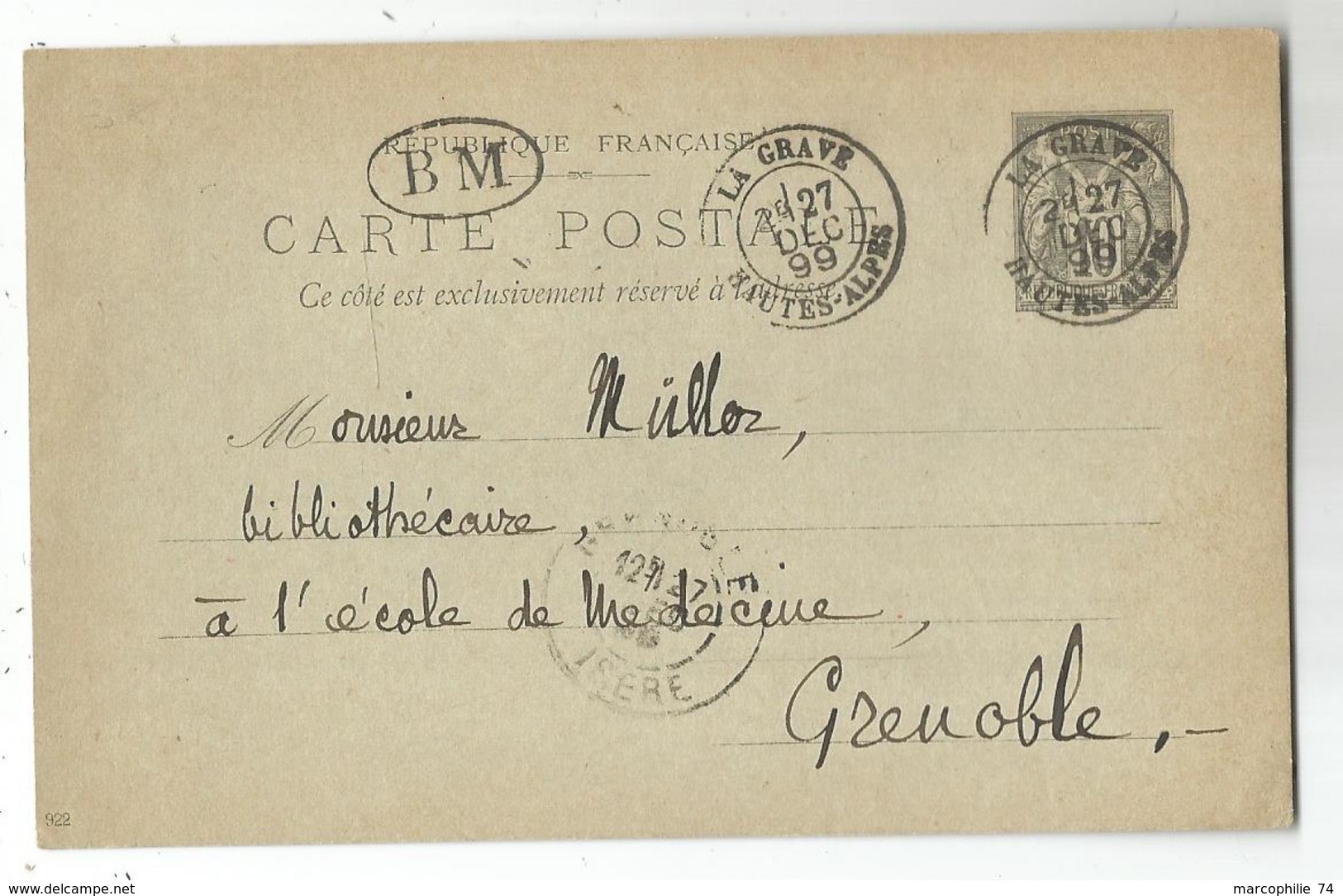 ENTIER SAGE 10C CP TYPE 18 LA GRAVE 27 DEC 1899 HAUTES ALPES + BM + TEXTE MINERAUX - 1877-1920: Semi Modern Period