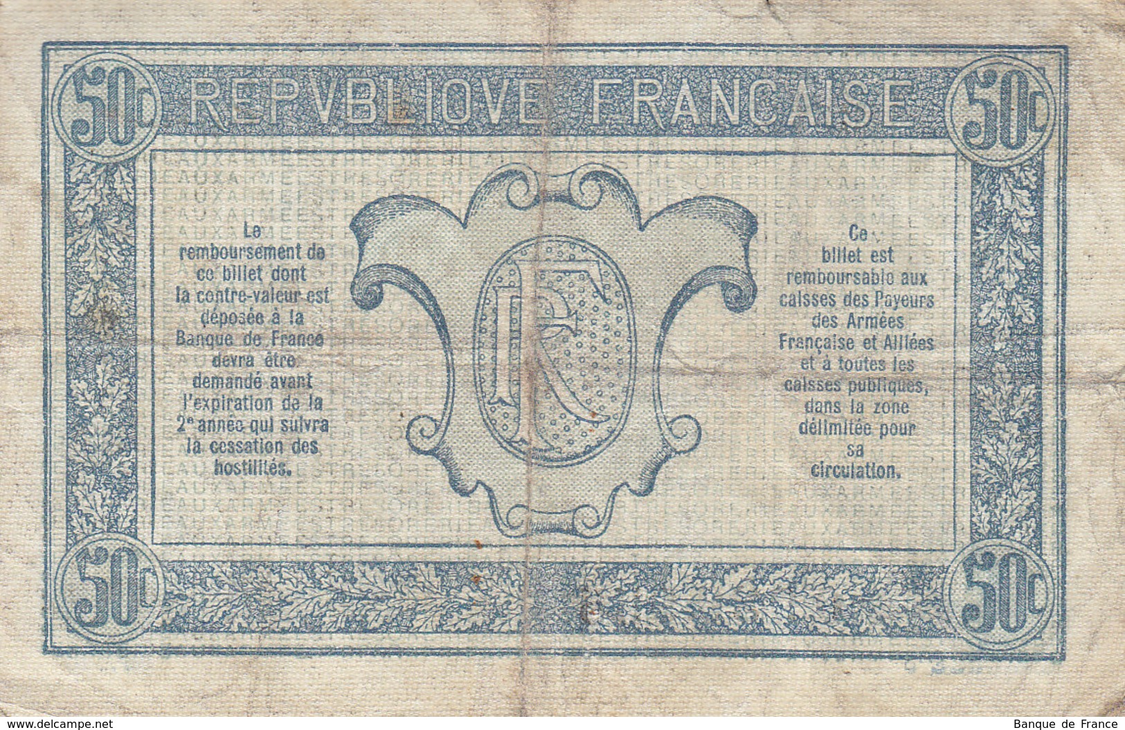 Billet 50 C Trésorerie Aux Armées Lettre A FAY VF 01.01 N° 0.939.955 - 1917-1919 Army Treasury