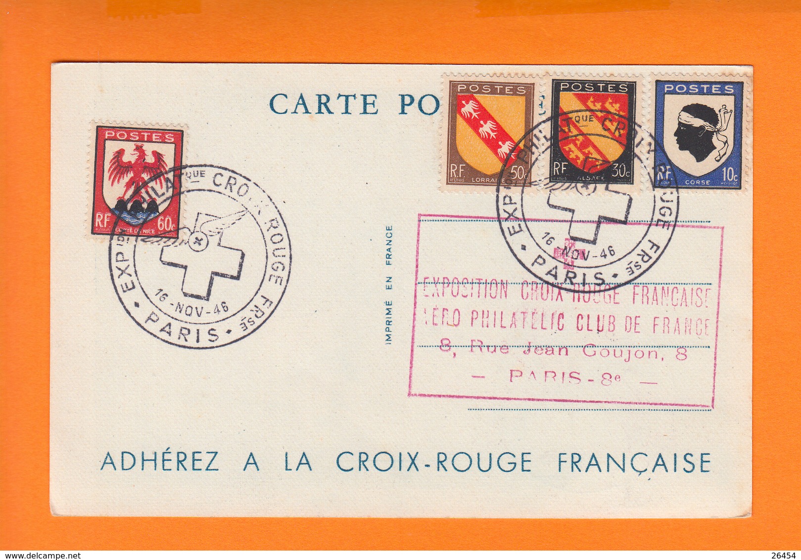 Expo Philatélique CROIX ROUGE Paris Le 16 Nov 1946  Sur CPA Illustrée Affranchie Avec 4 Blasons Différents - Croix-Rouge