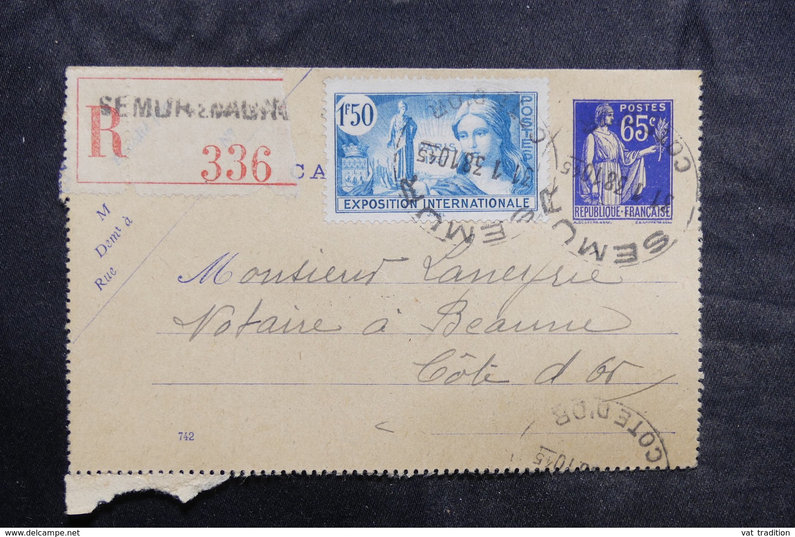 FRANCE - Entier Postal Type Paix + Complément En Recommandé De Semur Pour Beaune En 1938 - L 36068 - Cartes-lettres