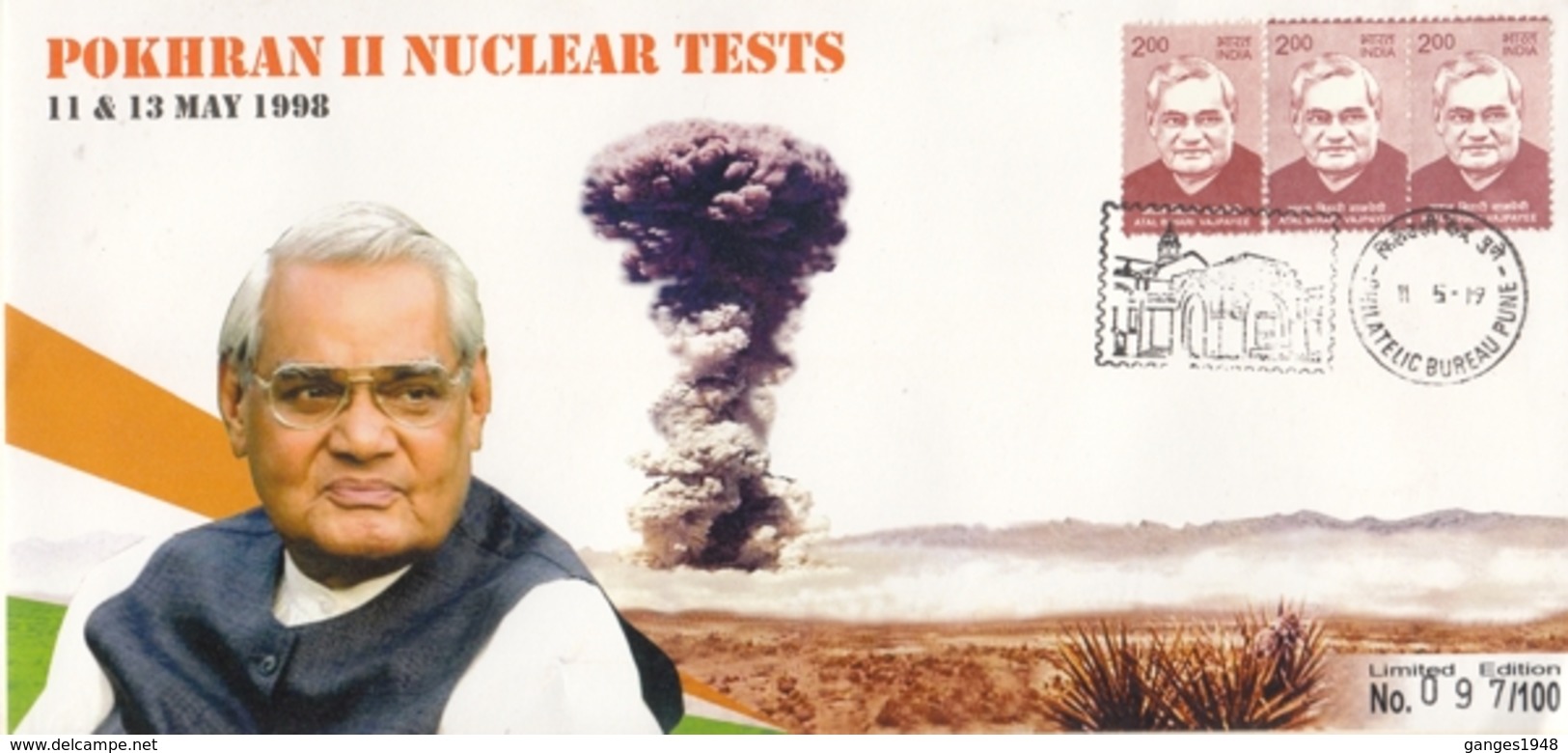 INDIA 2019  Atom  Pokharan II Nuclear Tests  1998  PM Atal Bihari Vajpayee  Special Cover  # 20647   D Inde  Indien - Atomo