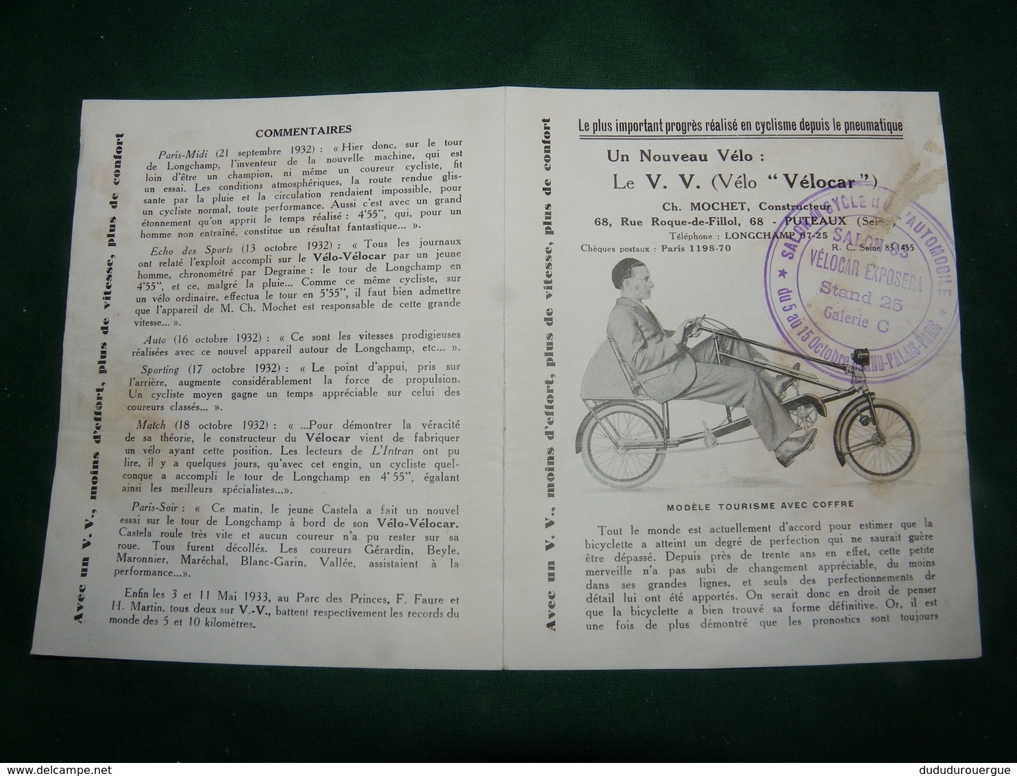 LE V.V. , VELO VELOCAR  , CH. MOCHET CONSTRUCTEUR A PUTEAUX - Publicités