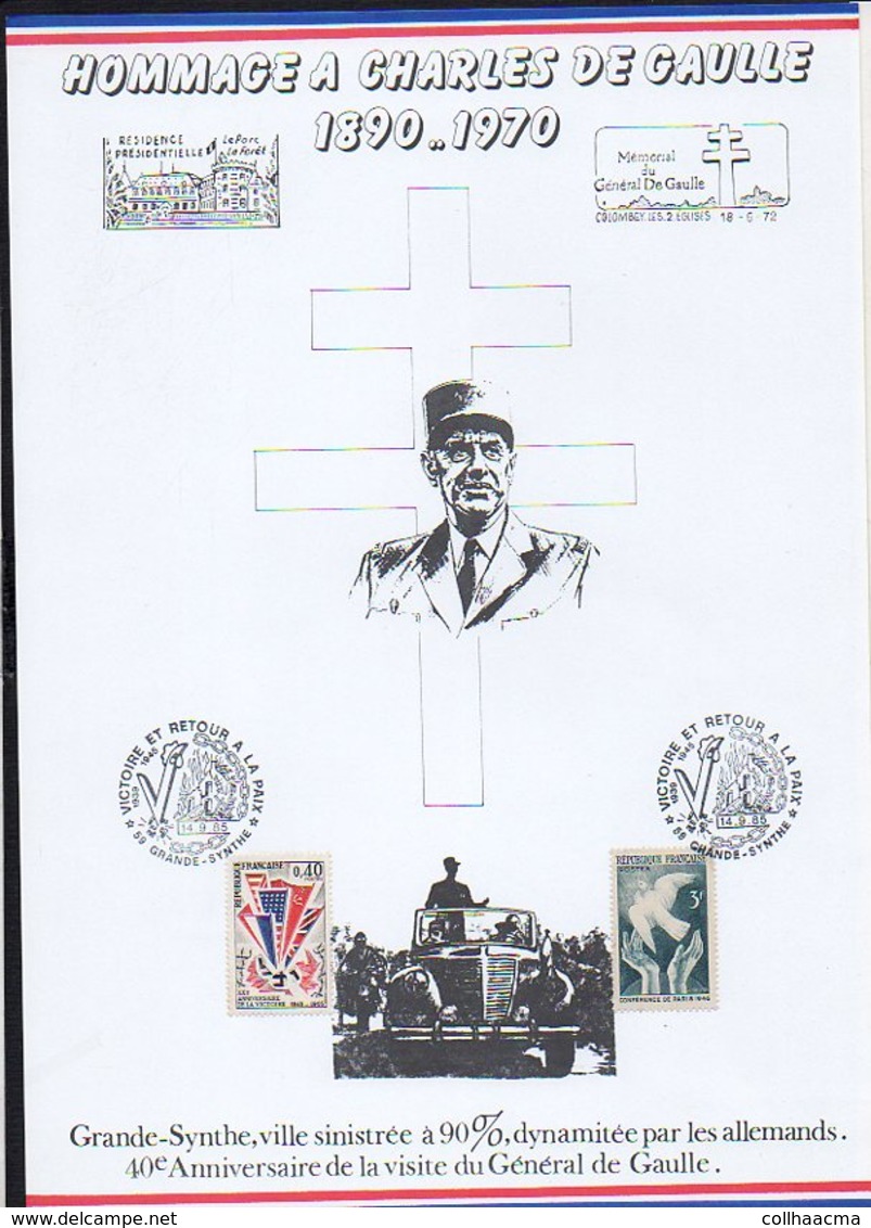 1985 Grande Synthe,Ville Sinistrée / Encart Militaria / Cachet Sur N° 1450 Et 761 / Hommage à Charles De Gaulle - De Gaulle (Général)