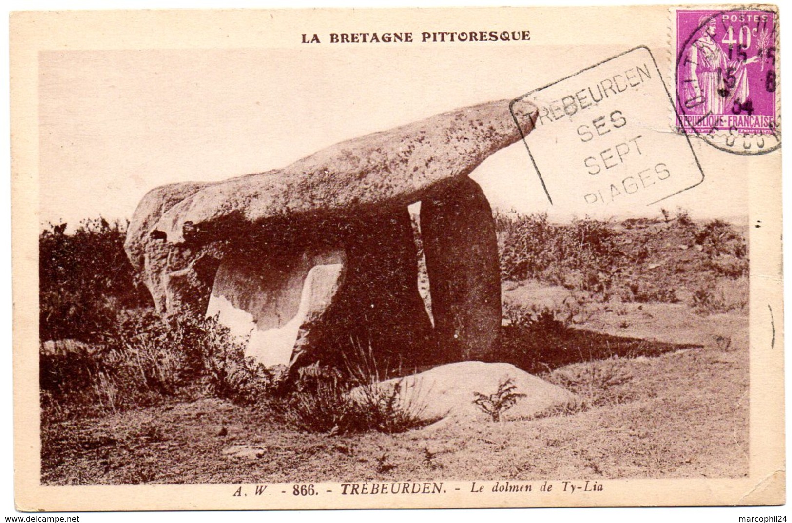 COTES Du NORD - Dépt N° 22 = TREBEURDEN 1934 (année En 2 Chiffres)  = FLAMME DAGUIN ' SEPT / PLAGES ' + CPA DOLMEN 866 - Mechanical Postmarks (Other)