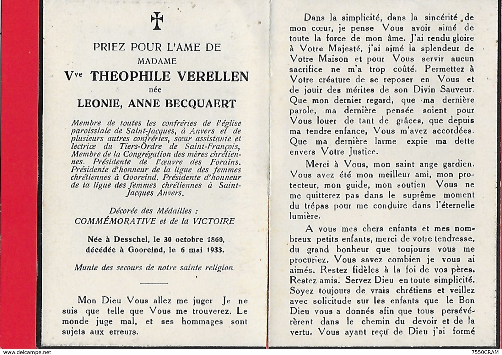 THEOPHILE VERELLEN: DESSEL- GOOREIND-WUUSTWEZEL - Overlijden