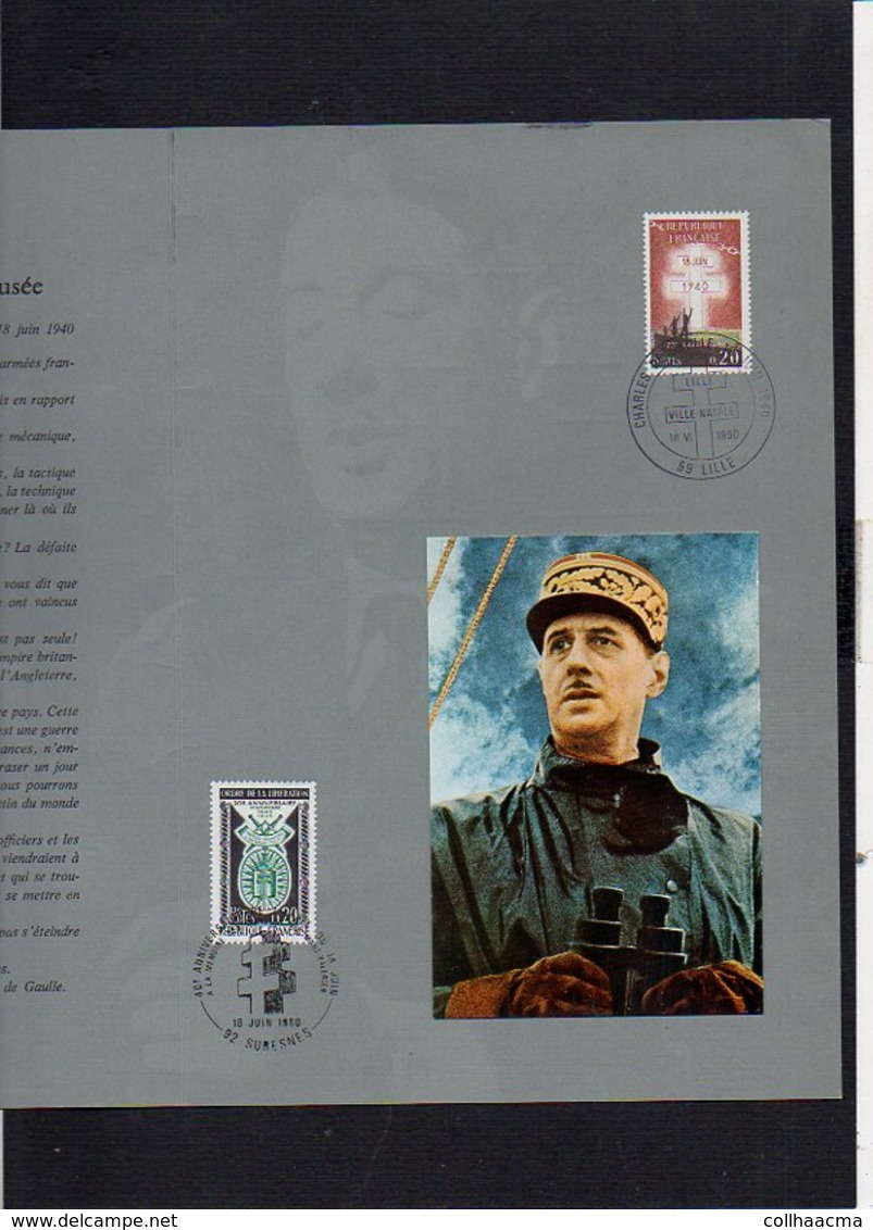 1980 Appel De Londres Du 18 Juin Du Général De Gaulle / Encart Militaria / Cachet Lille Et Suresnes Sur N° 1264 Et 1272 - De Gaulle (Général)