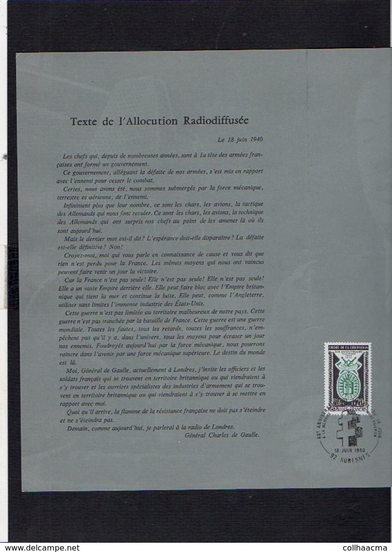 1980 Appel De Londres Du 18 Juin Du Général De Gaulle / Encart Militaria / Cachet Lille Et Suresnes Sur N° 1264 Et 1272 - De Gaulle (Général)