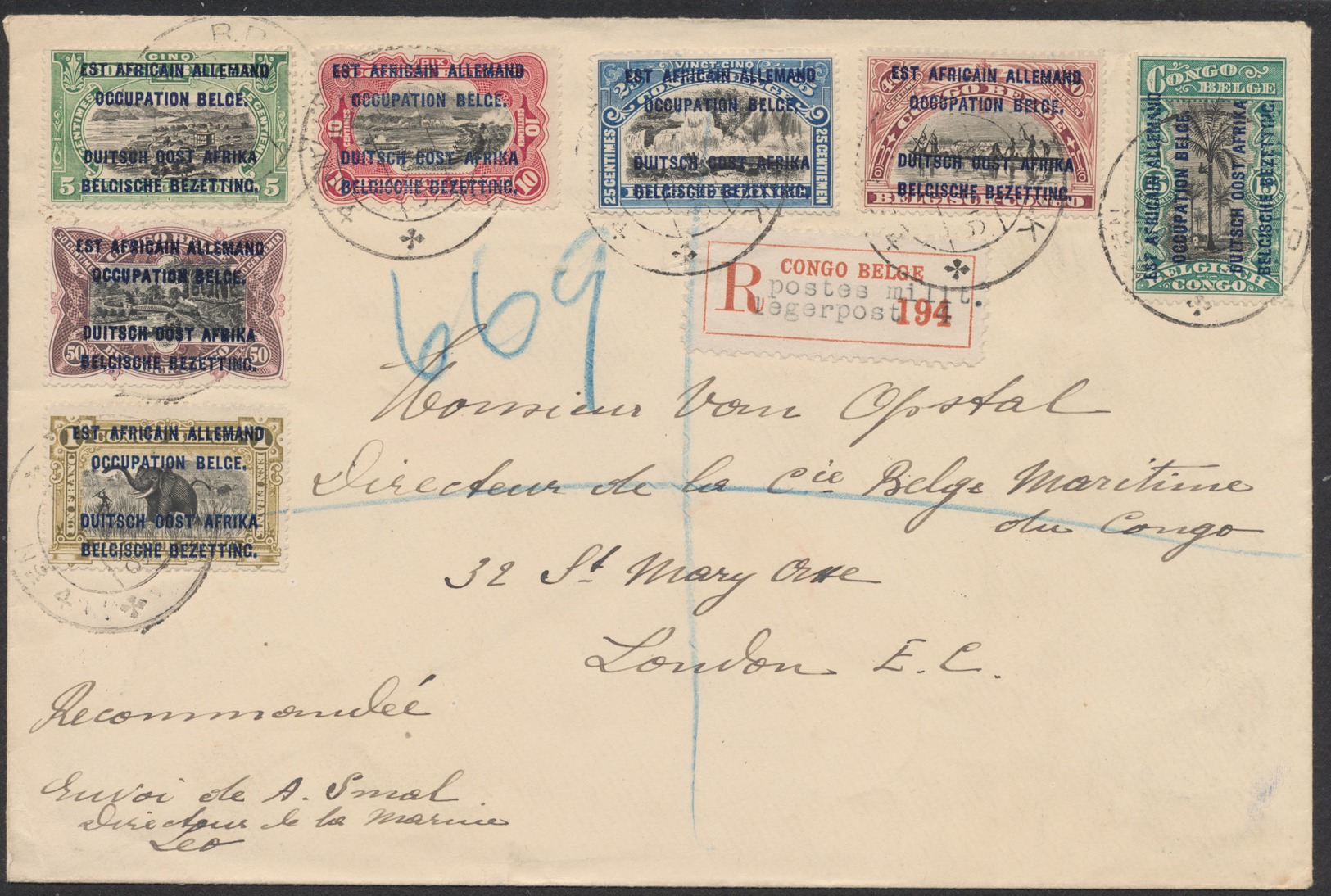 Ruanda-Urundi - N°28 à 34 Sur Lettre Obl BPCVPK N°4 En Recommadé + Postes Milit. (1916) Vers Londres / Guerre 14-18 - Storia Postale