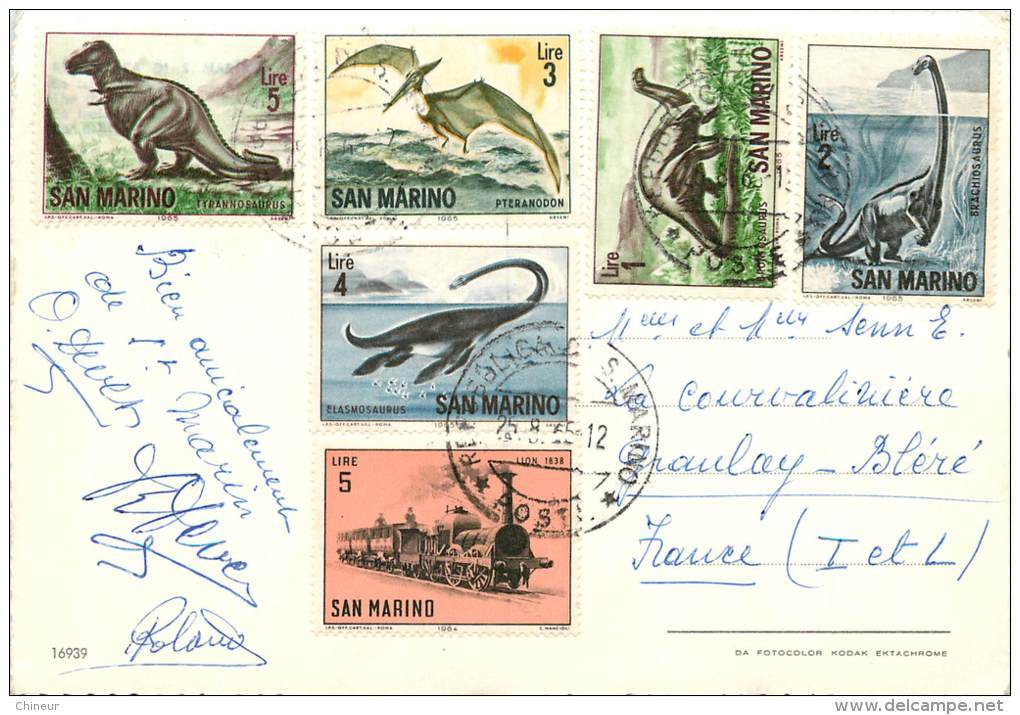 SERIE TIMBRES SAINT MARIN ANIMAUX PREHISTORIQUE SUR CARTE POSTALE - Lettres & Documents