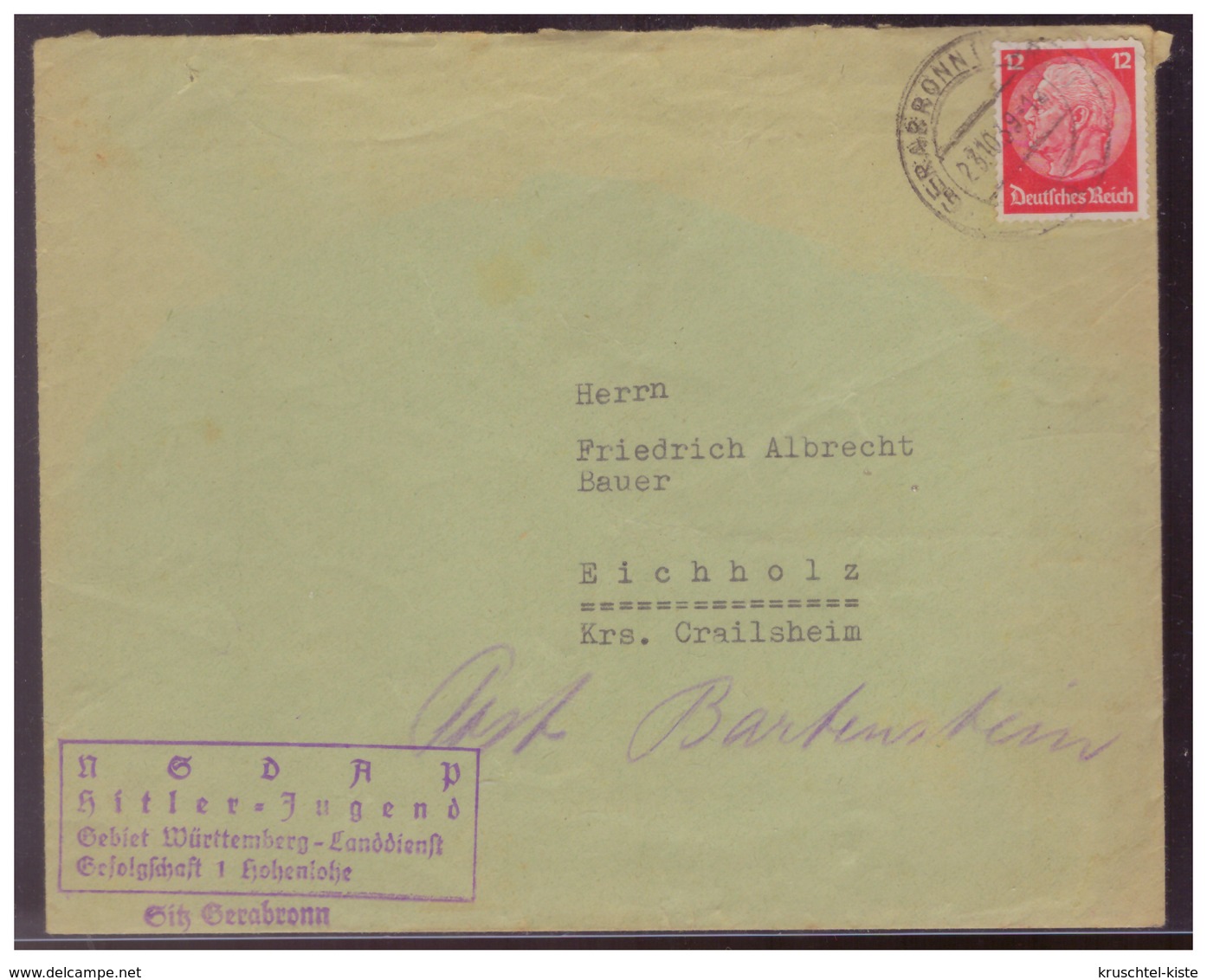 Dt- Reich (008494) Propaganda Brief, HJ, Gebiet Württemberg- Landdienst Gefolgschaft Hohenlohe, Gel Gerabronn 23.10.1943 - Briefe U. Dokumente