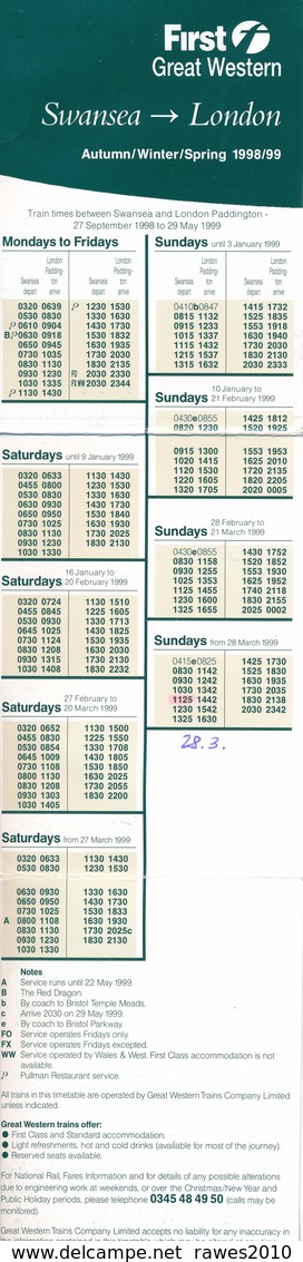 Grossbritannien Eisenbahn First Great Western Fahrplan 1998/1999 London - Swansea - Europa