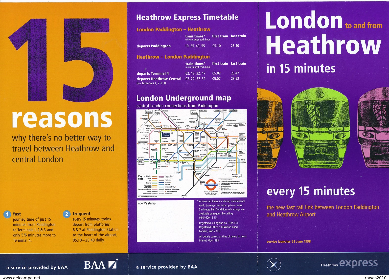 Grossbritannien 1998 Eisenbahn Fahrplan London - Heathrow (Flughafen) Faltblatt 4 Seiten - Europe